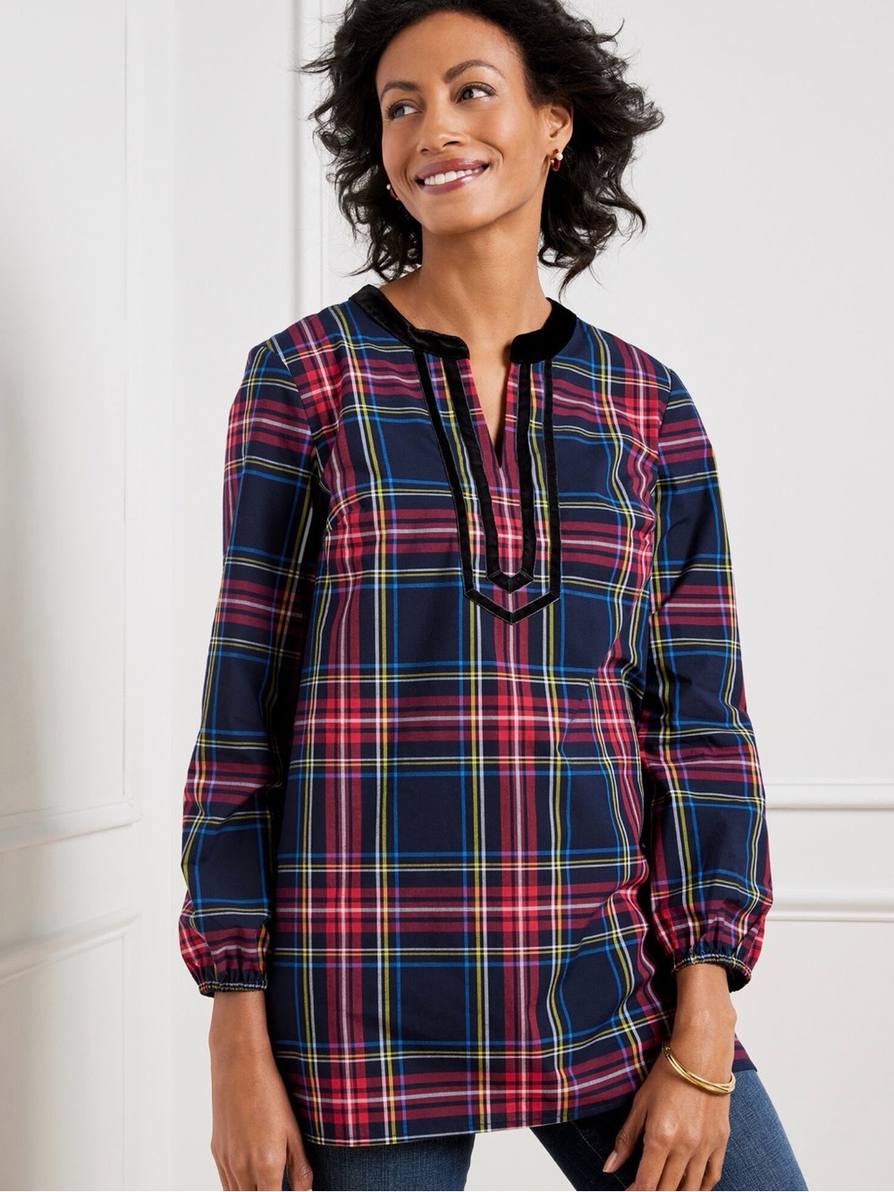 Talbots Cabin Plaid Split Neck Tunic Velvet Trim Cotton Top Small - Picture 14 of 15
